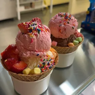 It's combination of vanilla and strawberry ice cream with some fresh fruits toppings and another one chocolate with strawberry ice cream