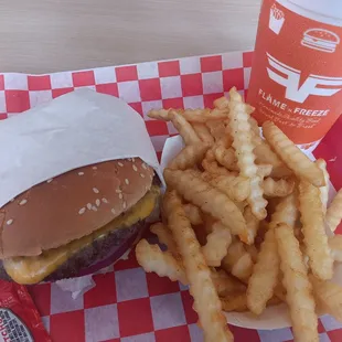Hamburger with fries and a drink