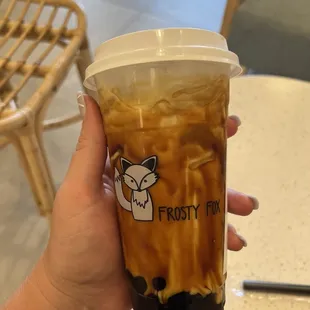 Brown sugar latte with oatmilk and chewy boba