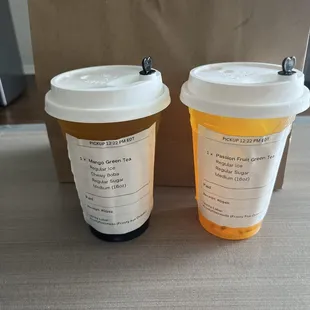 Mango green tea with boba and passion fruit green tea