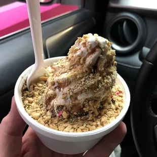 Hot fudge nuts and marshmallow.  Yum yum  Medium