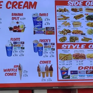 a menu for ice cream