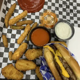 Double cheese burger, jalapeño poppers, and their new fries green beans