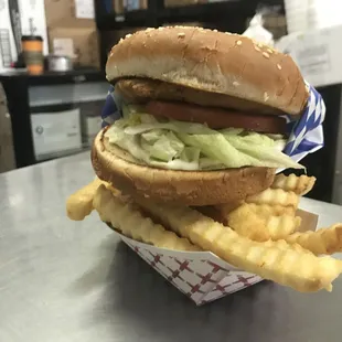 a hamburger and french fries