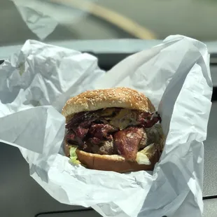 Bacon Cheeseburger with hot pastrami.