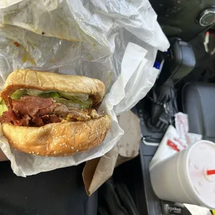 Pastrami double burger no tomato.