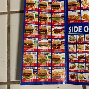 a menu for kids's burgers