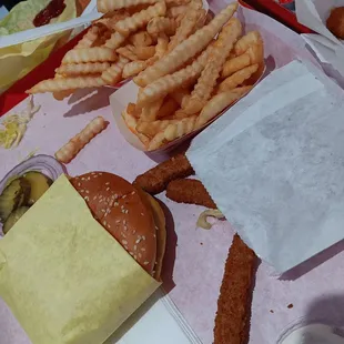 Plain cheese burger (.99 cents to add cheese to burger), 2 fries from family meal and fried zucchini.