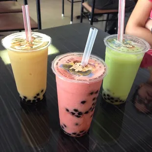 Banana-mango, strawberry-pineapple and kiwi boba