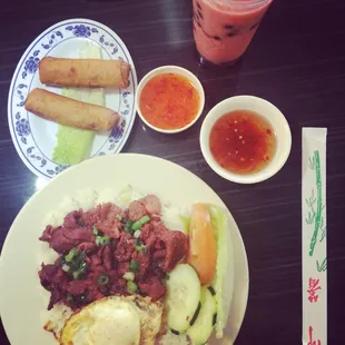 Marinated Char Boiled Pork, Egg Rolls, Strawberry Lychee Bubble Tea