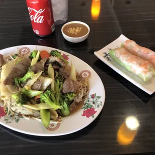 F6 with beef and half order of the shrimp spring rolls.