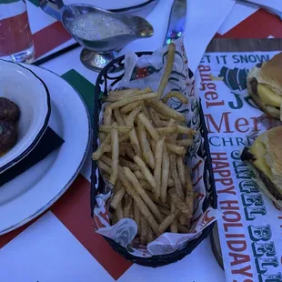 Meatballs, Fries and Beef Sliders.