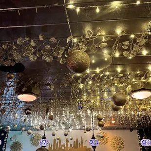a bar with christmas decorations