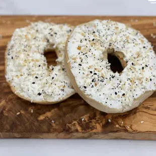 wo bagels on a cutting board