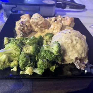 Shrimp scampi w/ mashed potatoes and broccoli