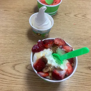 Strawberry watermelon, creamy tart with toppings and toasted marshmallow