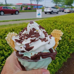 Derby Sundae: mint ice cream with pecans, chocolate chunks, hot fudge, whip cream and homemade waffle chips