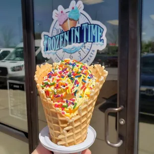 Cake batter with sprinkles in a homemade waffle cone