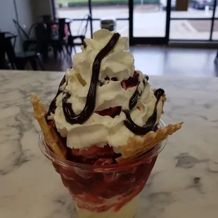 Strawberry sundae made with vanilla custard