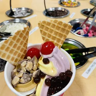 Frozen Yogurt with poppers and in shop made waffle chips