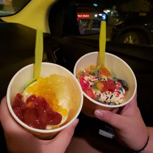Yougurt. Left is a pineapple/mango themed tropical dream. Right, cake batter &amp; things kids enjoy (or adults, whatever, no judgement here)