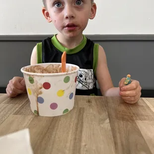 a young boy sitting at a table