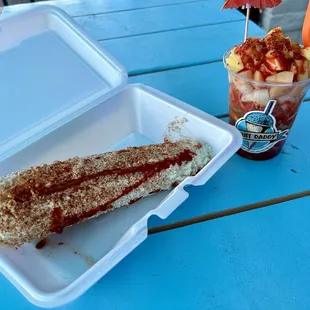 Elote Entero and Fruit Cup