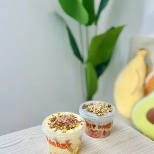 Mango yogurt, black sesame yogurt
