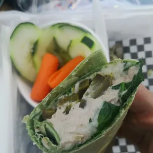 Trying something new. I like it. It&apos;s the Tuna melt w/jalapeños and raw veggies.