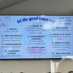 Rolled ice cream menu