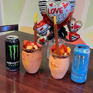 a variety of beverages on a table