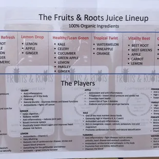 The Fruits &amp; Roots organic cold pressed juice lineup and  ingredients