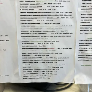 Drink and food menu