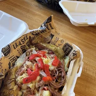 Steak, Mushroom and Cheese baked potato &amp; Polynesian Shrimp Baked Sweet Potato!