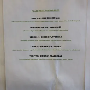 Food Menu: flatbread sandwiches
