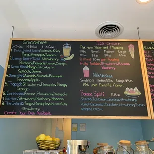 Smoothies, ice cream menu