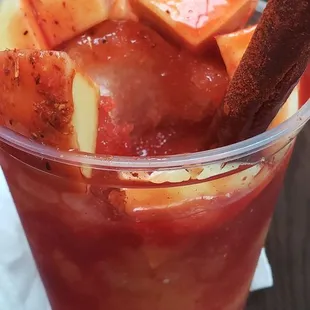 I already add extra chamoy here. If not, it will look more of a shaved ice. No mango taste at all. Fruit is bland and hard.