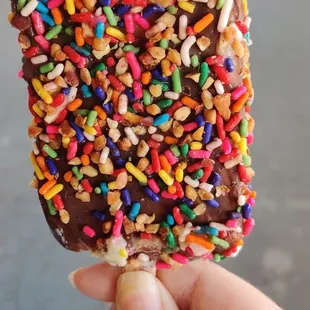 a hand holding a chocolate donut with sprinkles
