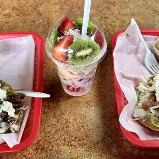 Chicken &amp; steak tostada &amp; cholado