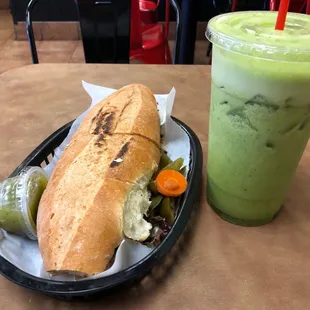 Carne Asada Torta + Spinach-Lime/Pineapple-Cucumber Agua