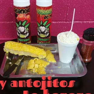 a plate of food and condiments