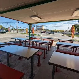 empty tables and benches