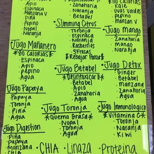 Natural juice menu, made on the spot!