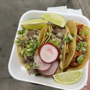 a hand holding a plate of tacos