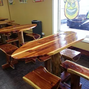 tables and benches in a restaurant