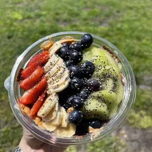 a hand holding a bowl of fruit