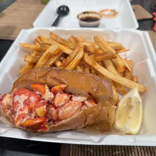 lobster roll and fries, mexican chili oil