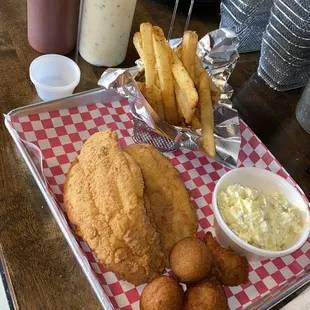 Catfish Platter, Fries (Amazing), and Potato Salad