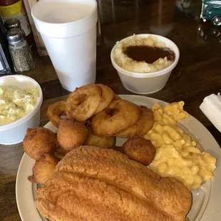 Pick 2 Combo, Catfish / Shrimp! Onion Rings, Mac, Mash &amp; Potato Salad! Hushpuppies are the Best!