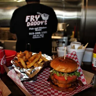 a burger and fries